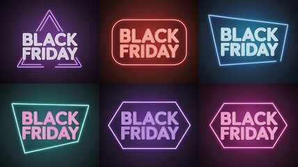 Collection of six neon signs with the text black friday in various geometric shapes and vibrant colors, set against a dark background, perfect for holiday sales promotions