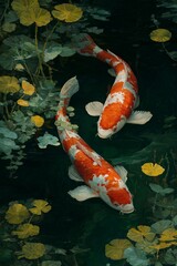 Vertical, dramatic illustration of two white and orange Koi fish swimming in a Yin-Yang formation surrounded by green foliage and yellow lily pads.
