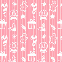 Seamless pink Christmas pattern with candy canes, gingerbread men, holly leaves, snow globes, stars and gift boxes. Cute flat festive background for wrapping paper, textiles or holiday design project
