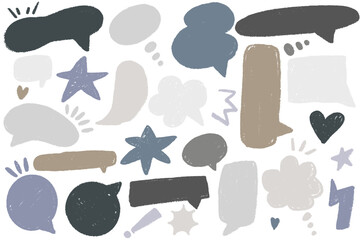 Crayon Speech Bubble Frame. Crayon text box set with black and white hand drawn speech bubbles, stars, hearts and doodles. Elements for chat, communication, stickers and creative design.