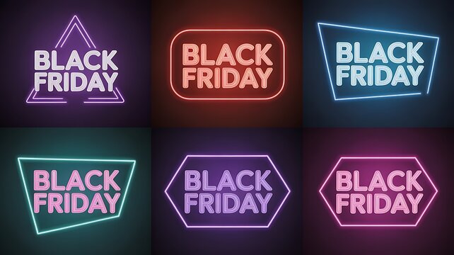 Collection of six neon signs with the text black friday in various geometric shapes and vibrant colors, set against a dark background, perfect for holiday sales promotions