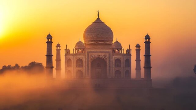 Taj Mahal at sunrise in golden mist