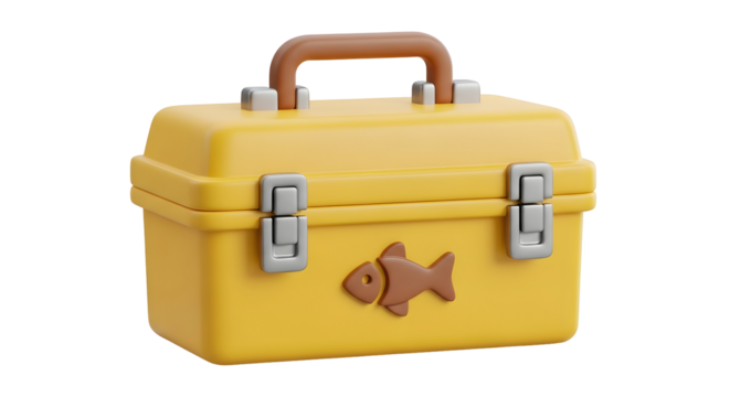 3d icon of 3d render of a yellow fishing tackle box isolated on transparent background, perfect for storing fishing gear and accessories