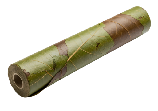 Rolled up green leaf patterned fabric isolated on transparent background