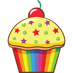 Colorful Cupcake With Yellow Frosting Red Star Purple Star Green Circles And Red Cherry On Top With Rainbow Wrapper Isolated On White Background