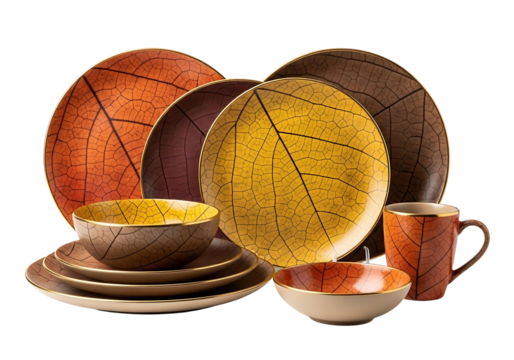 Autumn leaf patterned dinnerware set isolated on transparent background