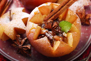 Baked apple with vanilla cheese, walnuts and raisins for Christmas