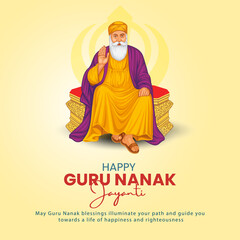 Happy Guru Nanak Jayanti Illustration with Guru Nanak Dev Ji Blessing Pose