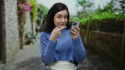 Woman smiling holding smartphone on picturesque street in old town with stone walls and vibrant flowers, capturing a candid moment of urban exploration and connection.