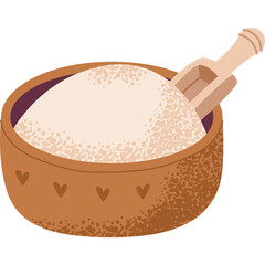 Ceramic Bowl Filled With Granulated Sugar And Wooden Scoop With Heart Motifs On Bowl Isolated On Transparent Background