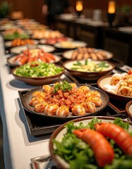 An extensive buffet table beautifully presents a wide variety of fresh and appetizing foods, featuring seafood and vibrant salads.