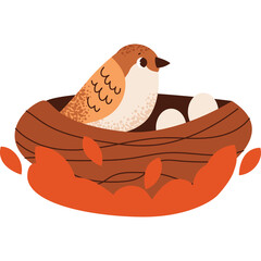 Charming Bird Resting in a Nest with Three Eggs on a Transparent Background