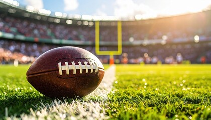 American football on a green field with stadium goalpost and crowd in the background, symbolizing sports culture, competition, athletic spirit, and popular sporting events