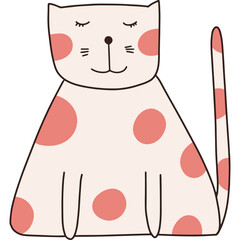 Charming cartoon cat with closed eyes and pink polka dots on a light cream background and transparent background simple illustration