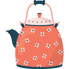 Charming coral teapot adorned with delicate white floral patterns featuring a dark blue spout and handle perfect for kitchen decor or beverage preparation