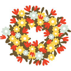 Charming floral wreath with yellow, red, and light blue flowers and green leaves on a transparent background depicting a rustic spring celebration