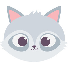 Charming Gray Raccoon Face With Big Eyes And Pink Inner Ears On Transparent Background Cute Cartoon Animal Illustration