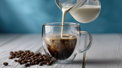 Close-up of pouring white milk from a pitcher into a glass cup of black coffee. Coffee beans on a white table.