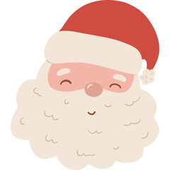 Charming illustration of Santa Claus face with rosy cheeks white beard and red hat on transparent background