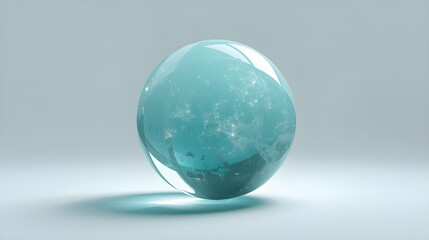 Serene, crystalline 3D sphere visualization of a mysterious, sparkling, teal-colored planet or globe