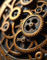 A close up view of many detailed old golden gears with rustic texture, interlocking to form a complex mechanical system.
