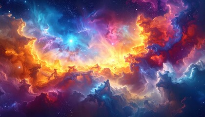 Fototapeta premium Vivid nebula of fiery orange and cool blue clouds exploding in space, symbolizing cosmic creation, inspiration, exploration, and the eternal mystery of the universe