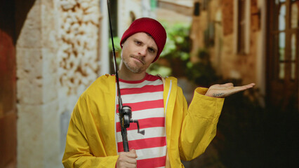 Young man in a yellow jacket and red beanie holds a fishing rod while pondering on a quaint urban...
