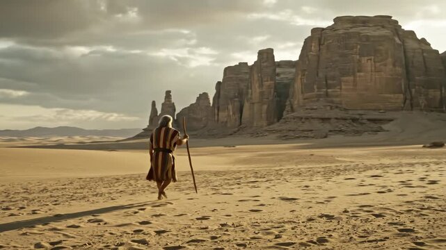 Desert wanderer, an old man walking with a staff alone in a barren landscape during biblical times, an epic journey footage.