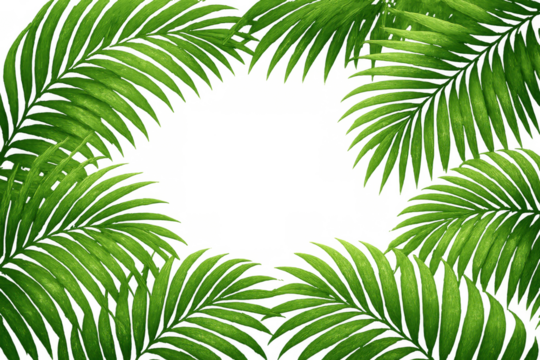Green palm leaves creating a natural tropical frame, vibrant foliage border for summer designs on transparent background