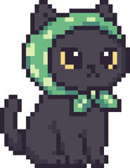 pixel illustration of a cute black cat wearing a green scarf with polka dots, sitting pose, retro style, transparent background