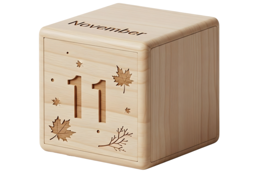 Wooden perpetual calendar block showing november 11 isolated on transparent background