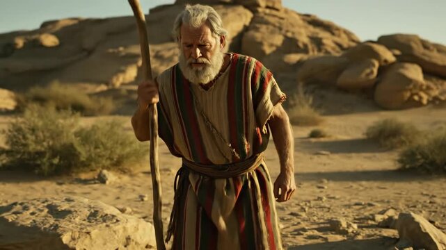 Old man with a staff walking through desert landscape, symbolizing prophet Moses' journey and biblical times footage