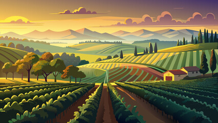 Naklejka premium Very beautiful sunrise view of vineyards in California, USA, with rows of lush green grapevines stretching across rolling hills, bathed in warm golden light, and morning mist gently rising over the 