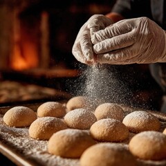 Baker sprinkling sugar on fresh baked buns