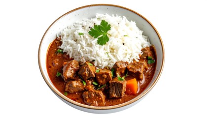 Bowl of rice and stew a rich, dark stew with tender chunks of meat and vibrant orange carrots with fresh parsley