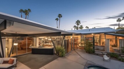 Exterior view of modern luxurious single family home with a swimming pool and outdoor area