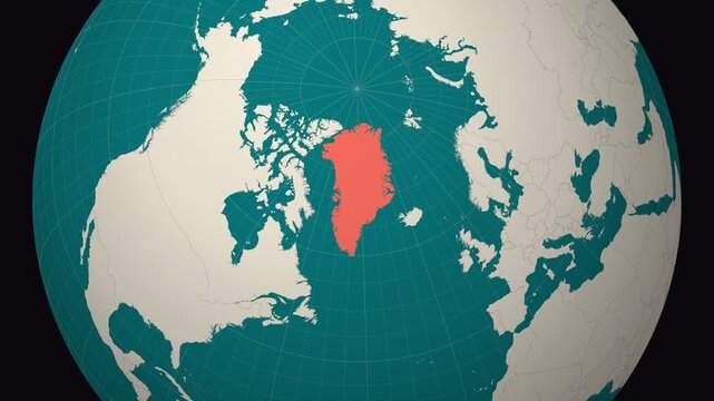 Greenland map. Animated zoom into the country on the Globe in Teal Pale Mint color palette. Country logo animation. Map with meridians, parallels. Charming video.