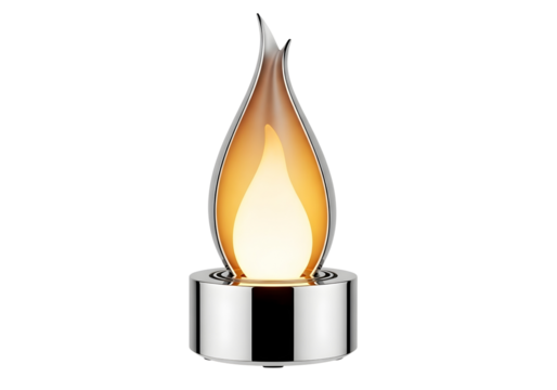 Modern flame shaped lamp with silver base isolated on transparent background