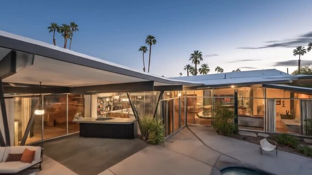 Exterior view of modern luxurious single family home with a swimming pool and outdoor area