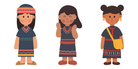 Flat cartoon illustration of a group of tribal women in traditional dress. Ethnic and cultural diversity concept, perfect for design, heritage, and community themes.