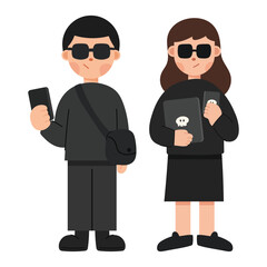 Flat cartoon illustration of male and female scammers using computers. Cybercrime, online fraud, and internet security concept in modern flat design style.