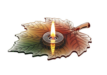 Decorative leaf shaped oil lamp with flame isolated on transparent background