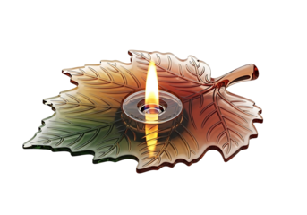 Decorative leaf shaped oil lamp with flame isolated on transparent background