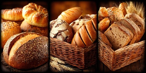 Assortment of freshly baked breads and rolls in wicker baskets