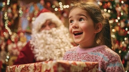 Happy Child with Gift and Santa Claus in Festive Christmas Setting