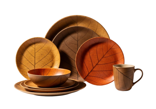 Autumn leaf patterned dinnerware set isolated on transparent background - Powered by Adobe