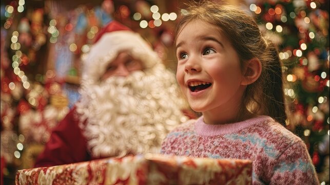 Happy Child with Gift and Santa Claus in Festive Christmas Setting