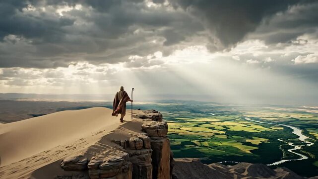 An old man, prophet Moses, walks through desert dunes toward a verdant land and river bank, biblical times animation