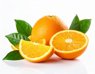 Composition of oranges and orange slices with green leaves on bright white background