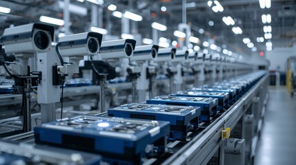 Inside a modern automated factory with rows of surveillance cameras and a production line in operation
